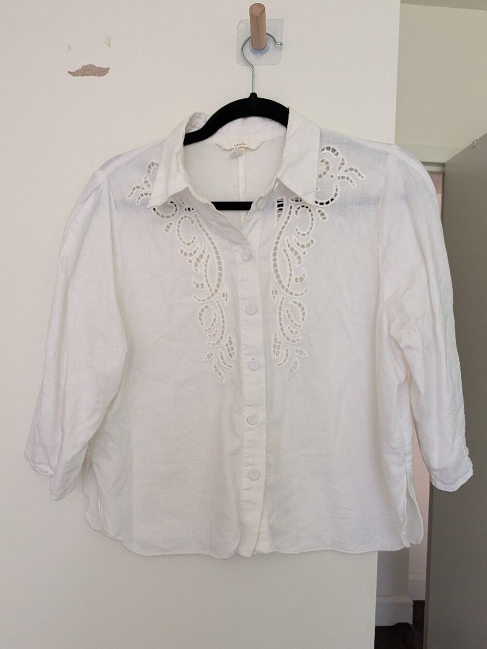 H&M White Linen Blend Eyelet Broderie Anglaise Button Shirt 3/4 Sleeve Size S